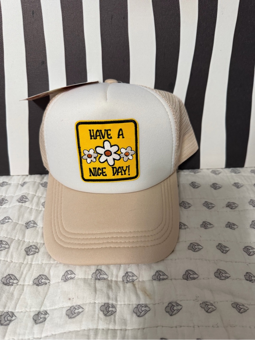 Have A Nice Day Patch Trucker Hat - Beige & White